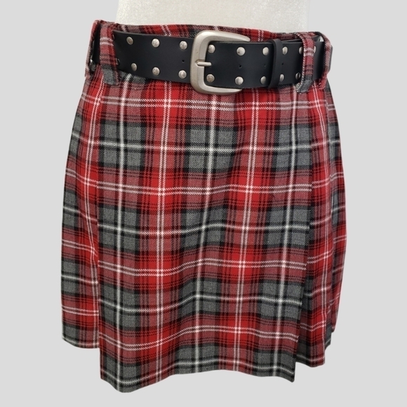 Y2K Plaid Pleated Mini Skirt with Belt 7 Red and Grey EUC Twee USA By Lavender - Picture 5 of 12